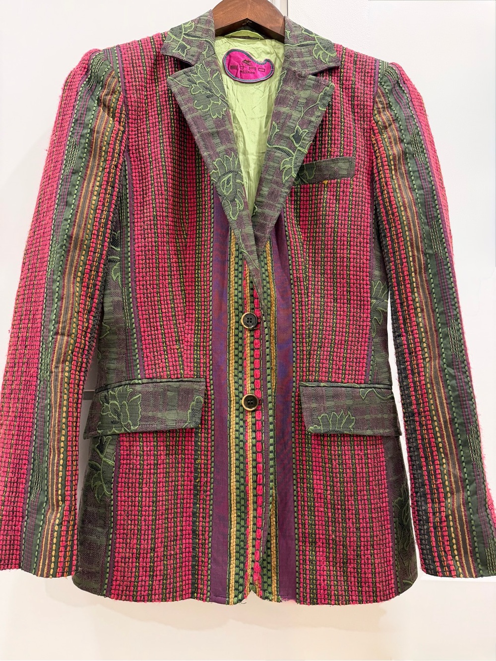 Etro Milano Women’s Pink and Green Striped Floral-Accent Blazer SZ EUR 42